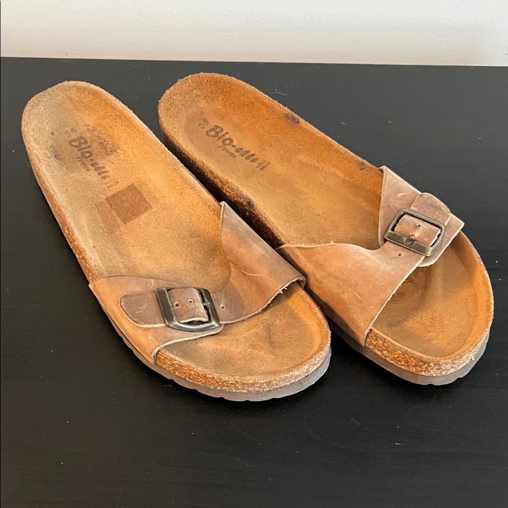 Brown cork Leather Slide Sandals with Buckle
